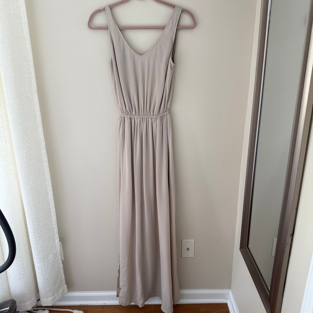 Show Me Your Mumu Taupe Tan V-Neck Elastic Waist Maxi Dress XS Bridesmaid